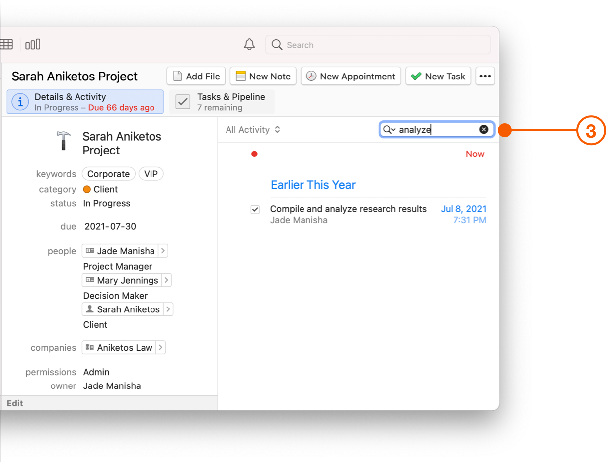Tasks and Pipeline View showing Activity Search