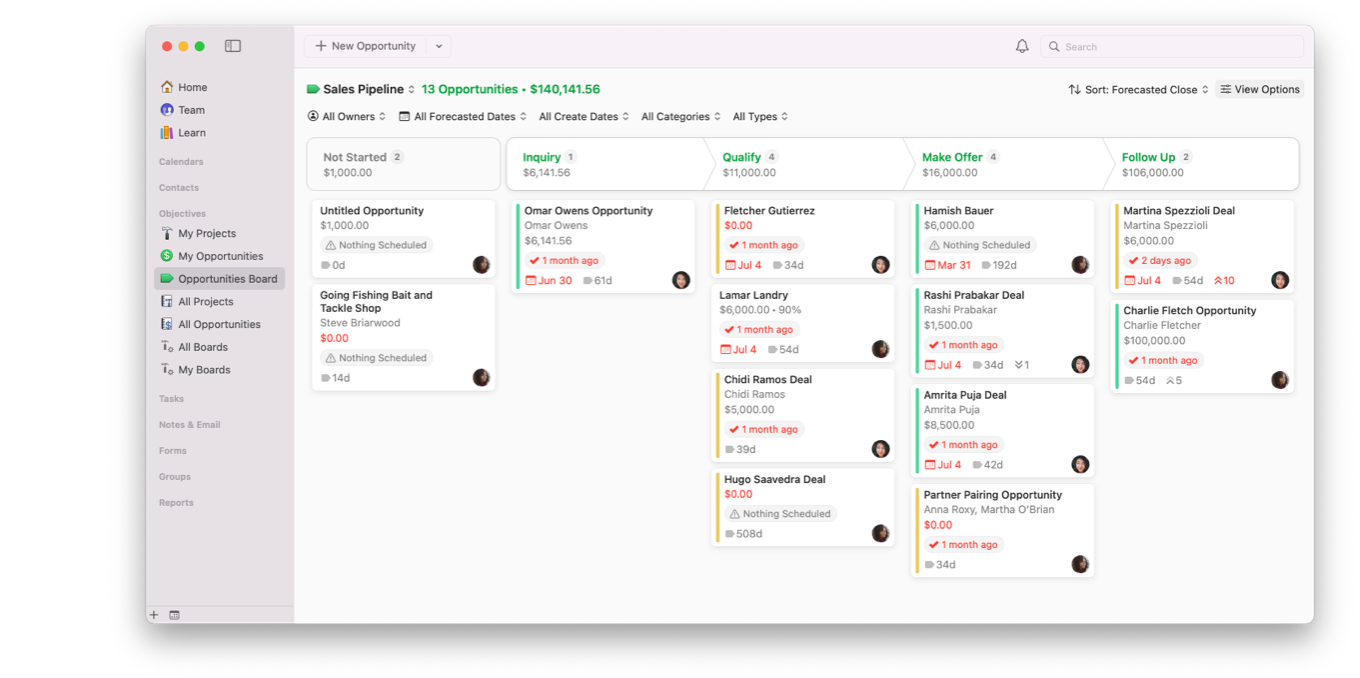 Opportunities Board showing opportunities in a pipeline