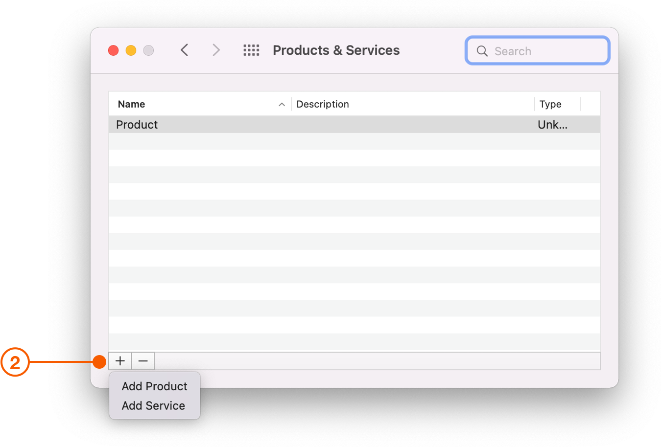 Products and Services screen selecting **+** button