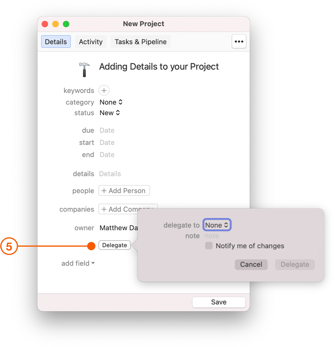 New Project window showing Delegate
