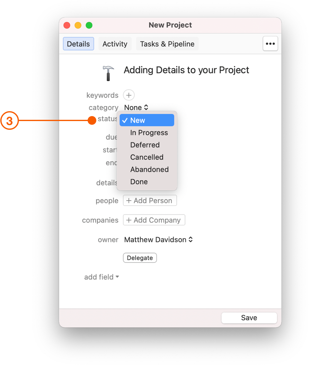 New Project window showing status