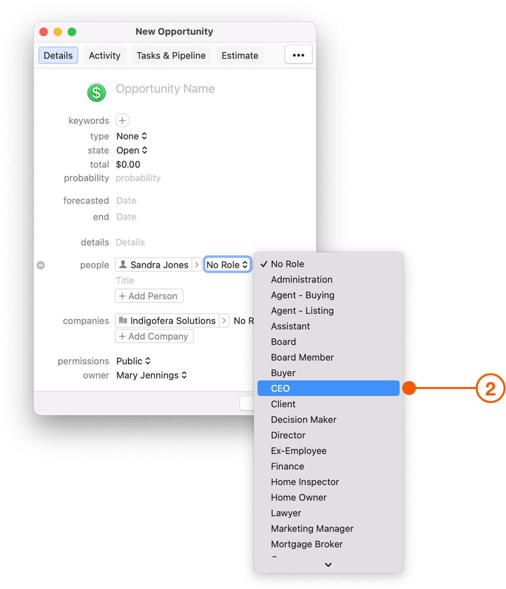 New Opportunity window showing Roles menu