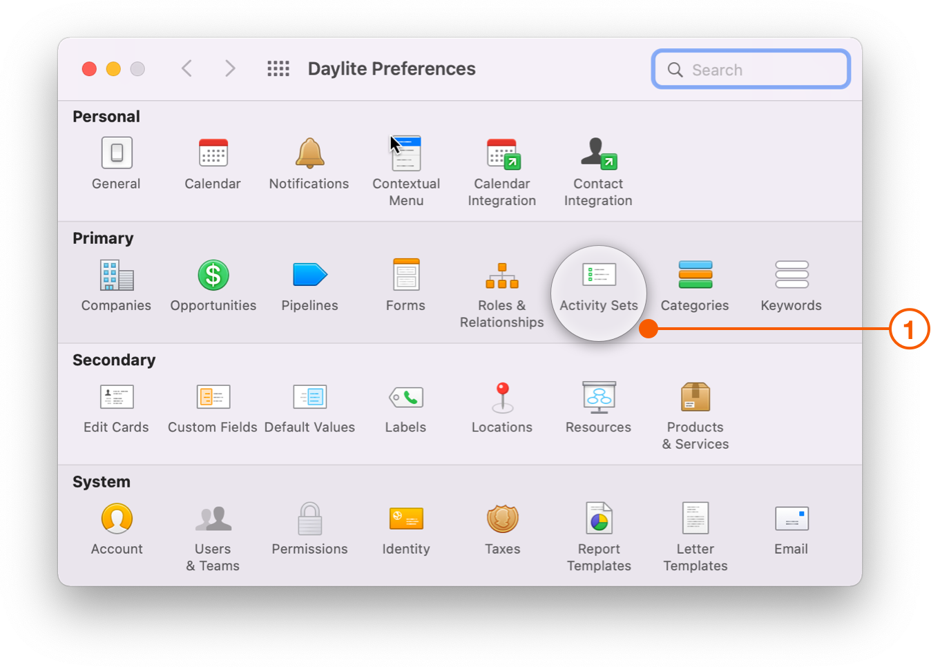 Daylite Preferences Screen selecting Activity Sets