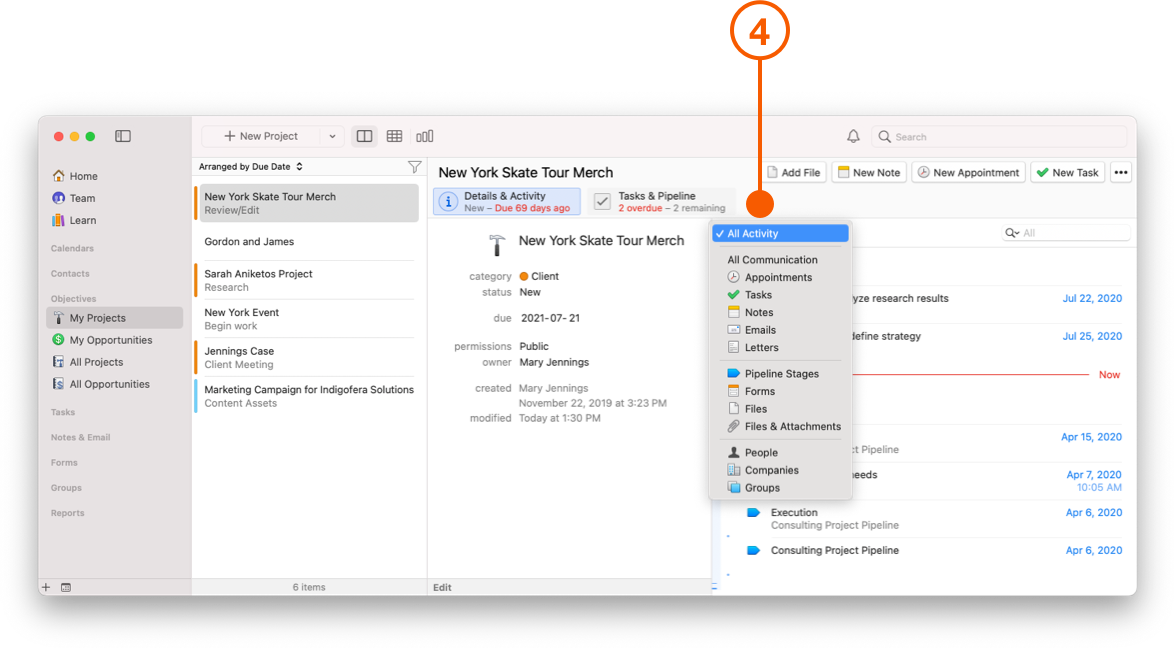 My Project View showing Activity filter
