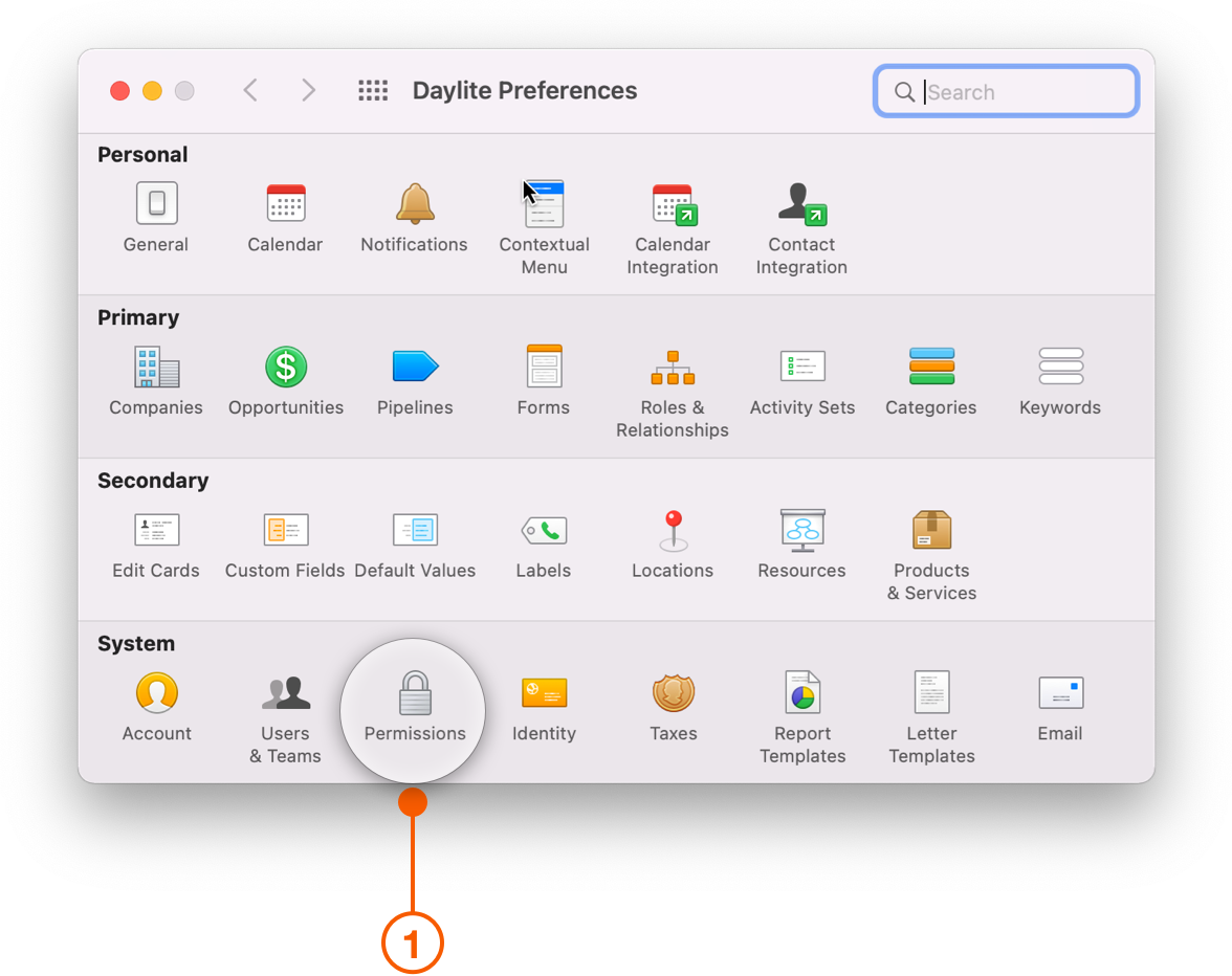 Daylite Preferences window selecting Permissions