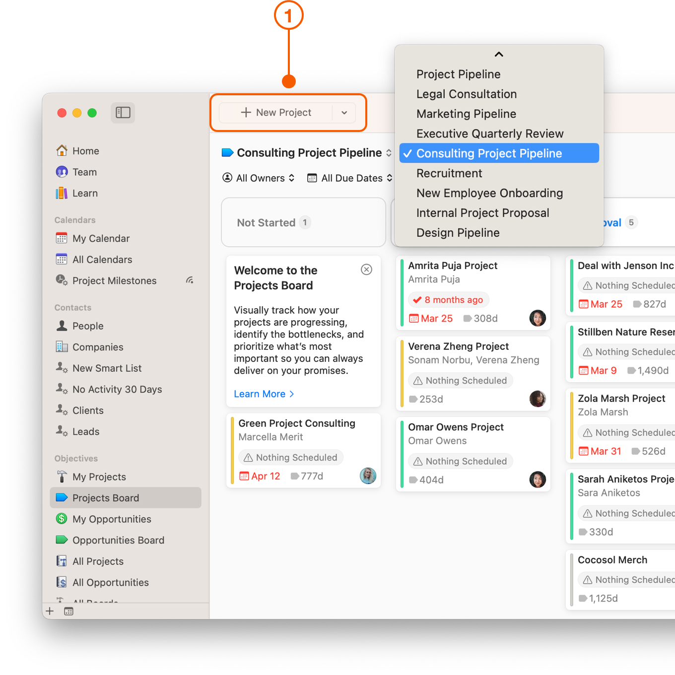 Projects Board selecting New Project