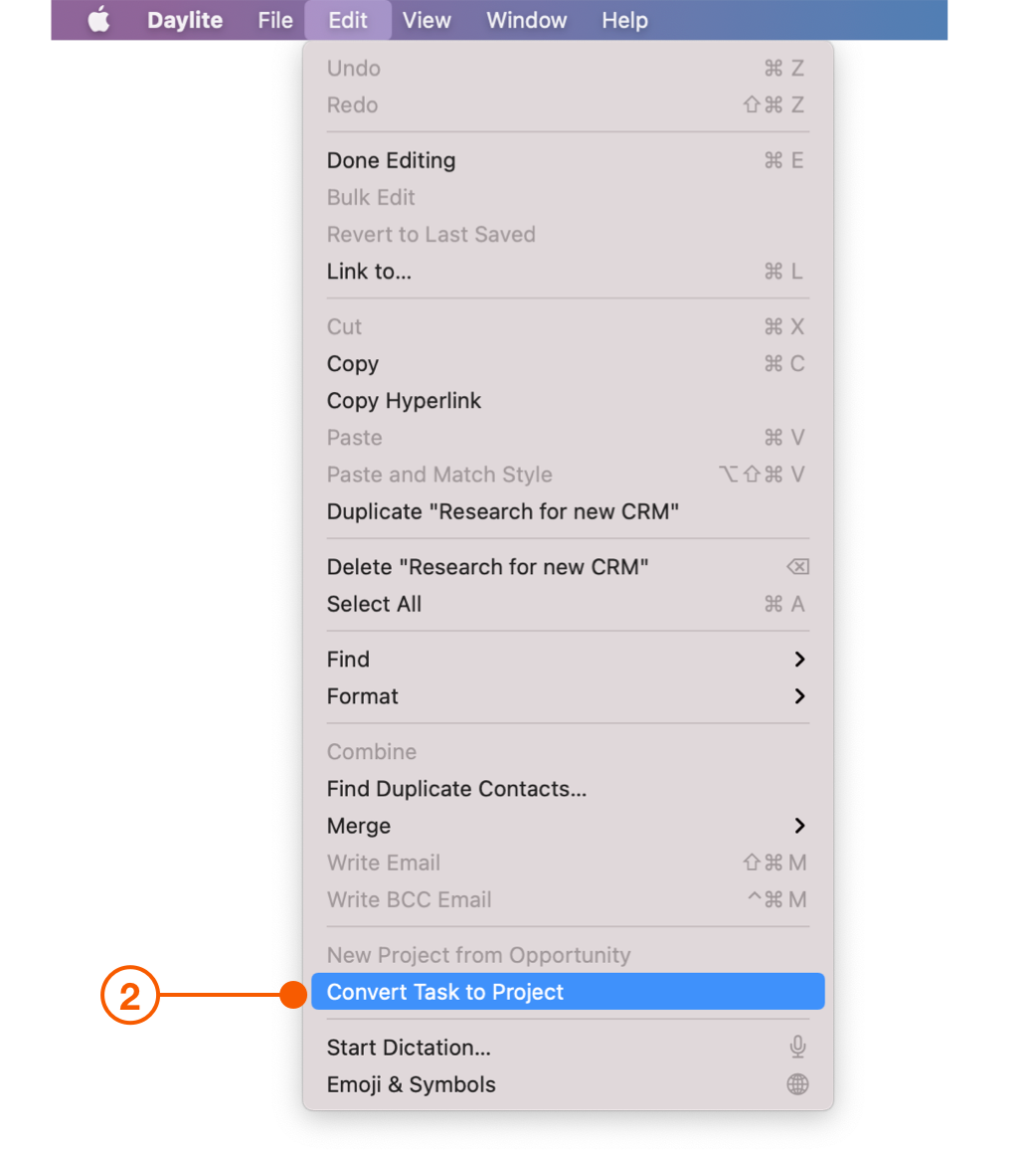 Daylite Menu selecting Convert Task to Project
