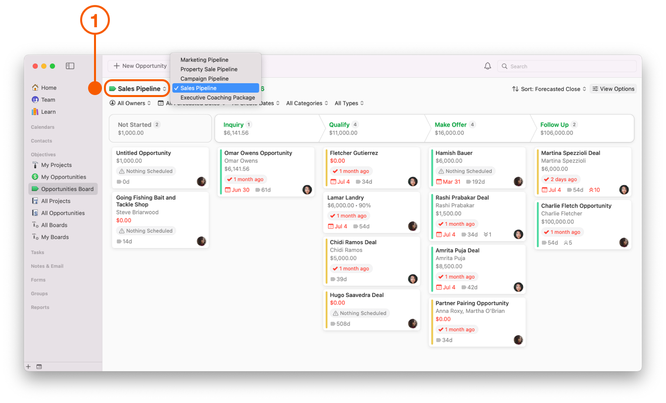 Opportunities Board showing Pipelines filter