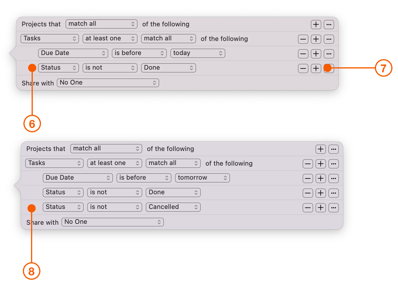 Filter menu selecting Status