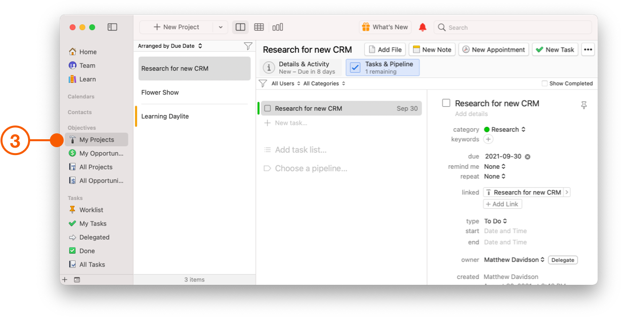 My Projects View showing project tasks