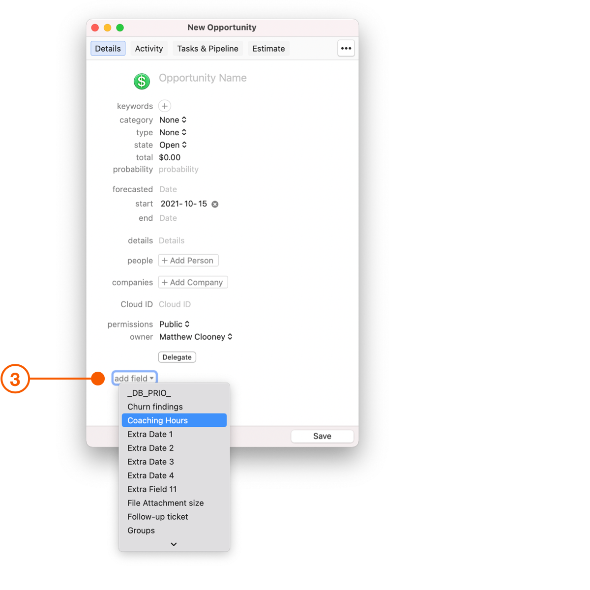 New Opportunity window showing add field pull down button menu