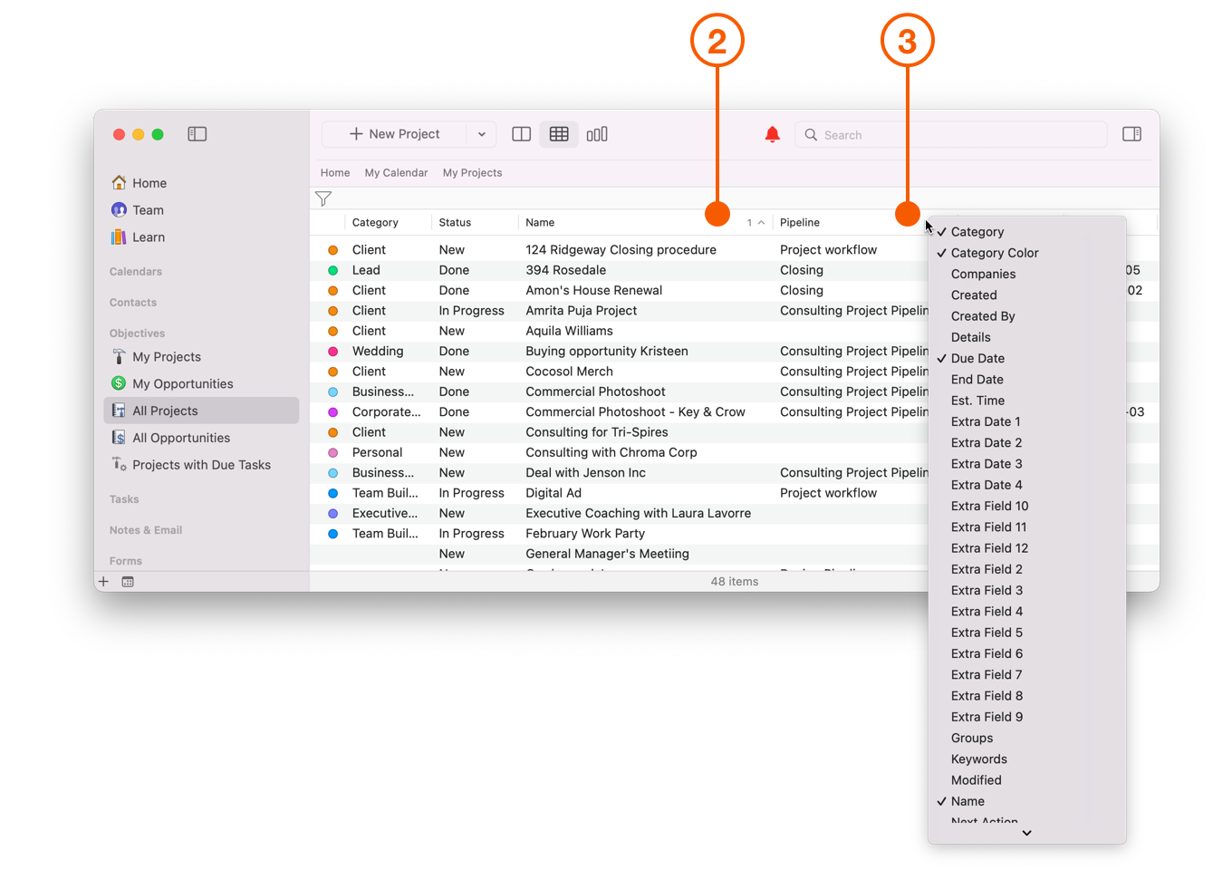 Multi-Column List View showing Column Menu