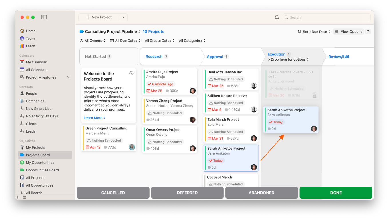 Projects Board moving opportunity from one stage to another