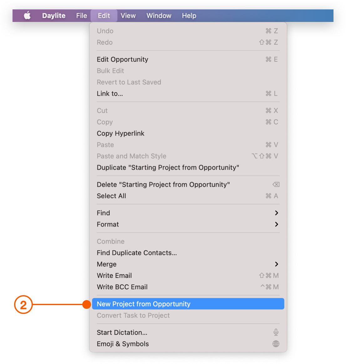 Daylite Menu selecting New Project from Opportunity
