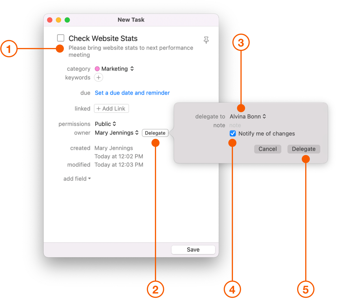 New Task window showing Delegate popover