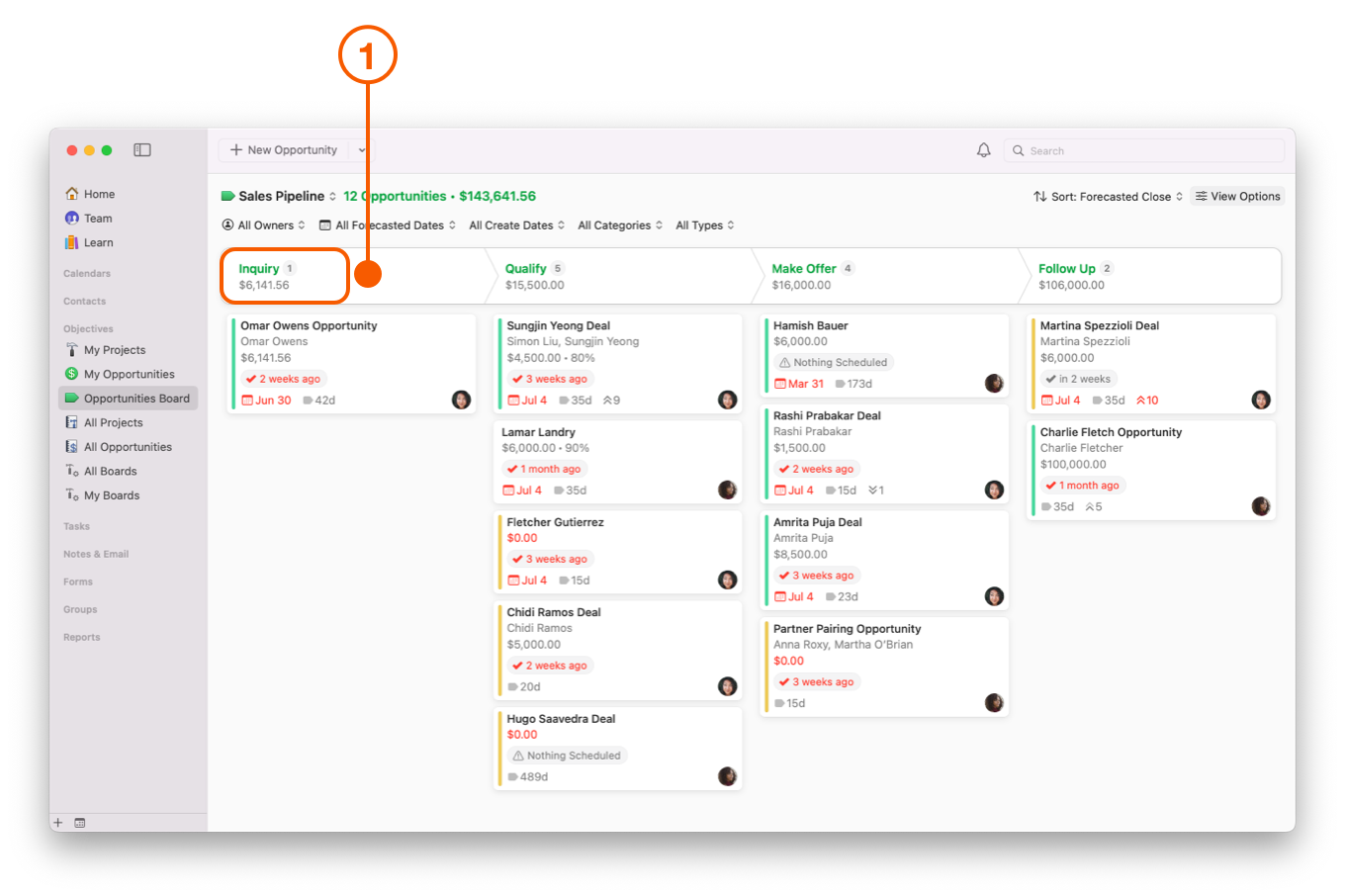 Opportunities Board showing Inquiry Stage