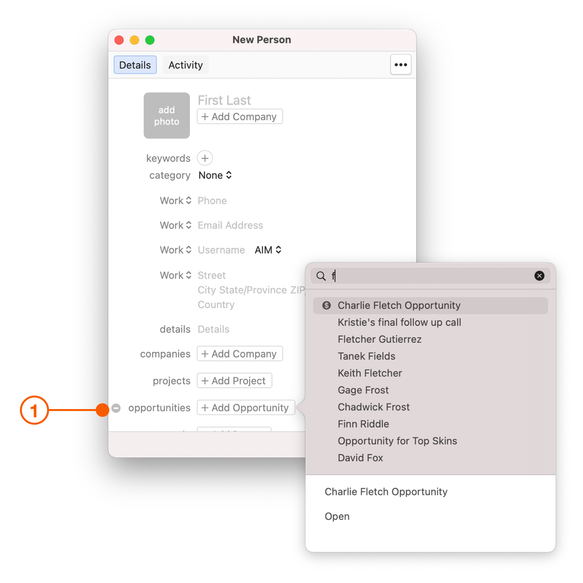 New Person window showing Add Opportunity button