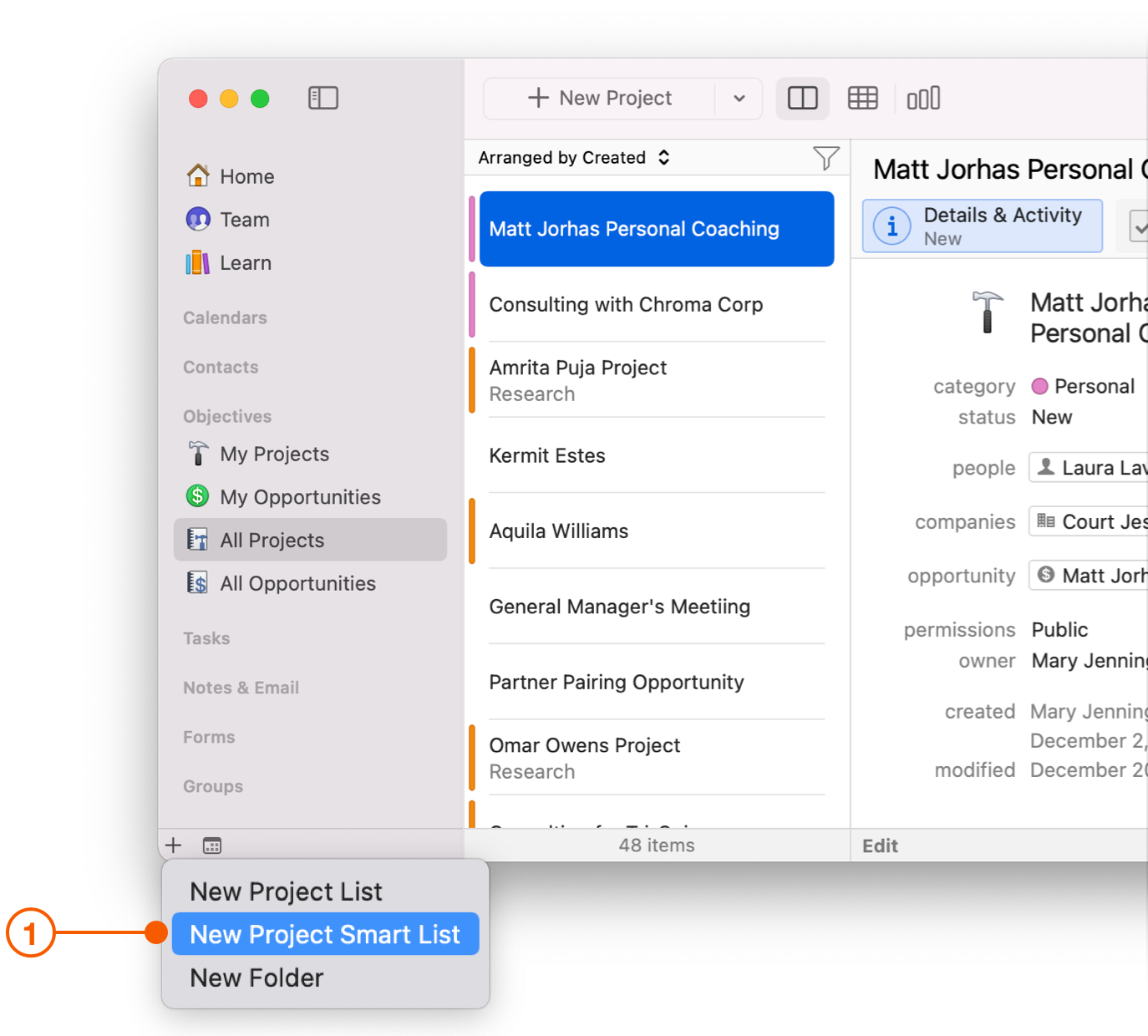 Plus button selecting New Project Smart List