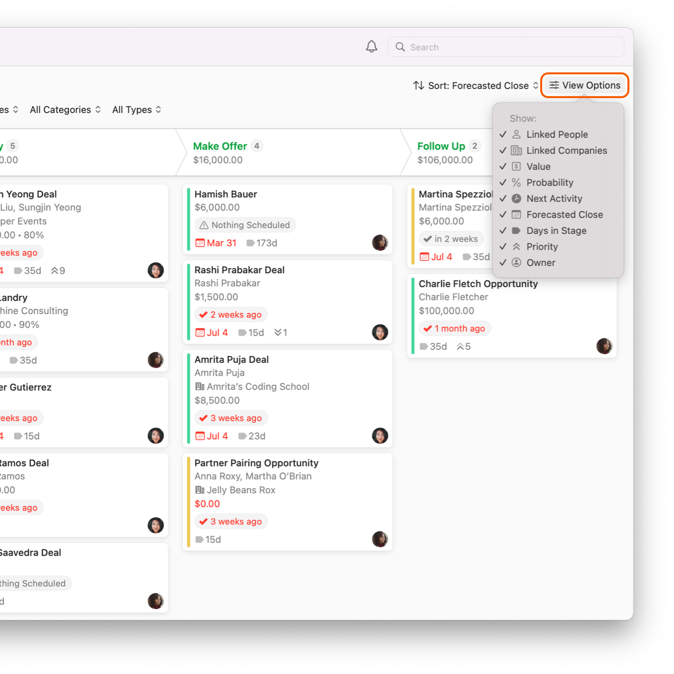 Opportunites Board showing View Options