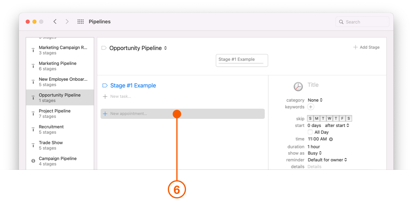 Pipelines Preferences window selecting New Appointment