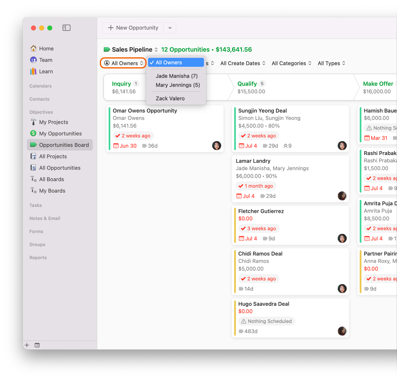 Opportunites Board showing filter by owner