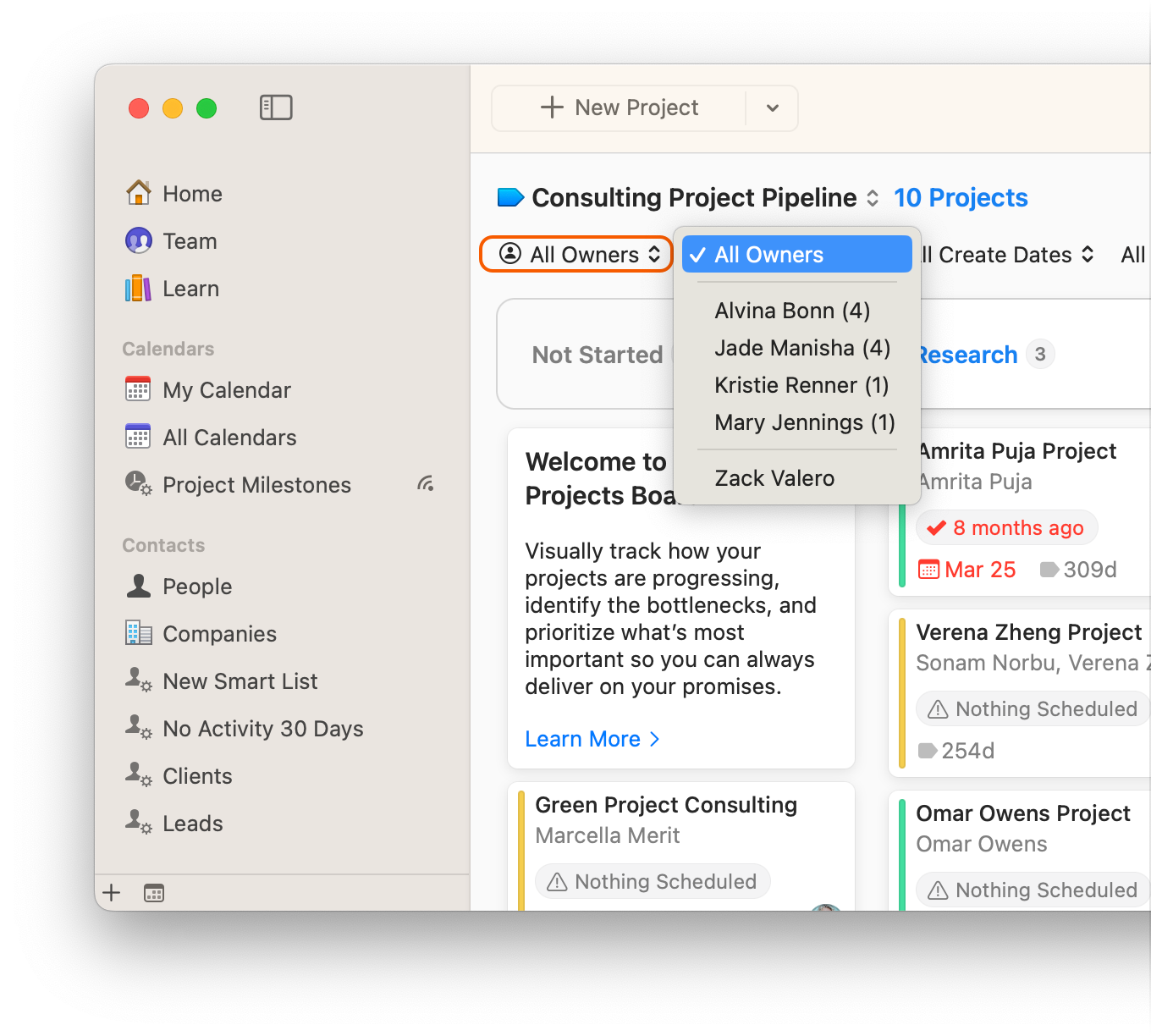 Projects Board showing filter by owner