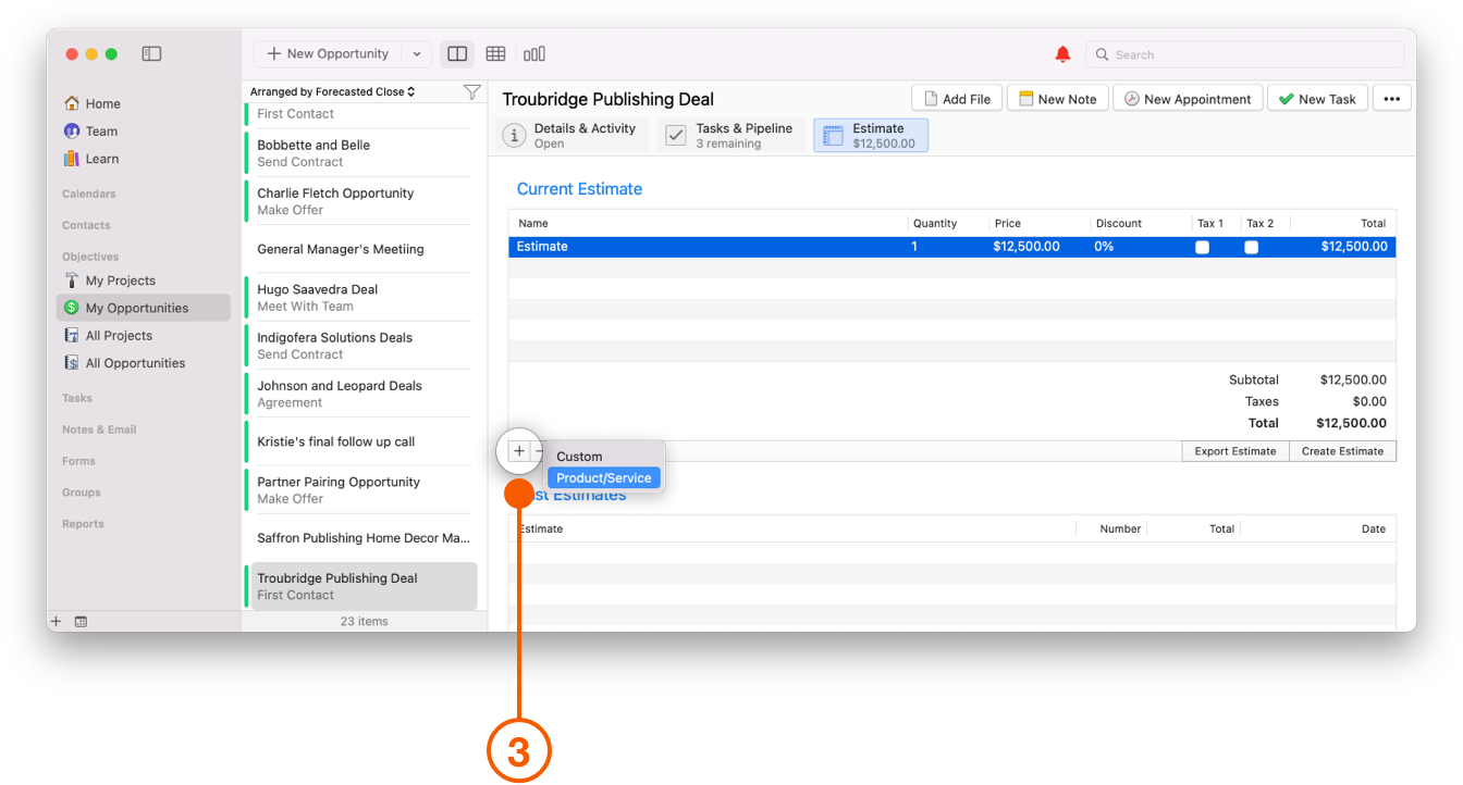 Opportunity Screen selecting Product/Service from plus button