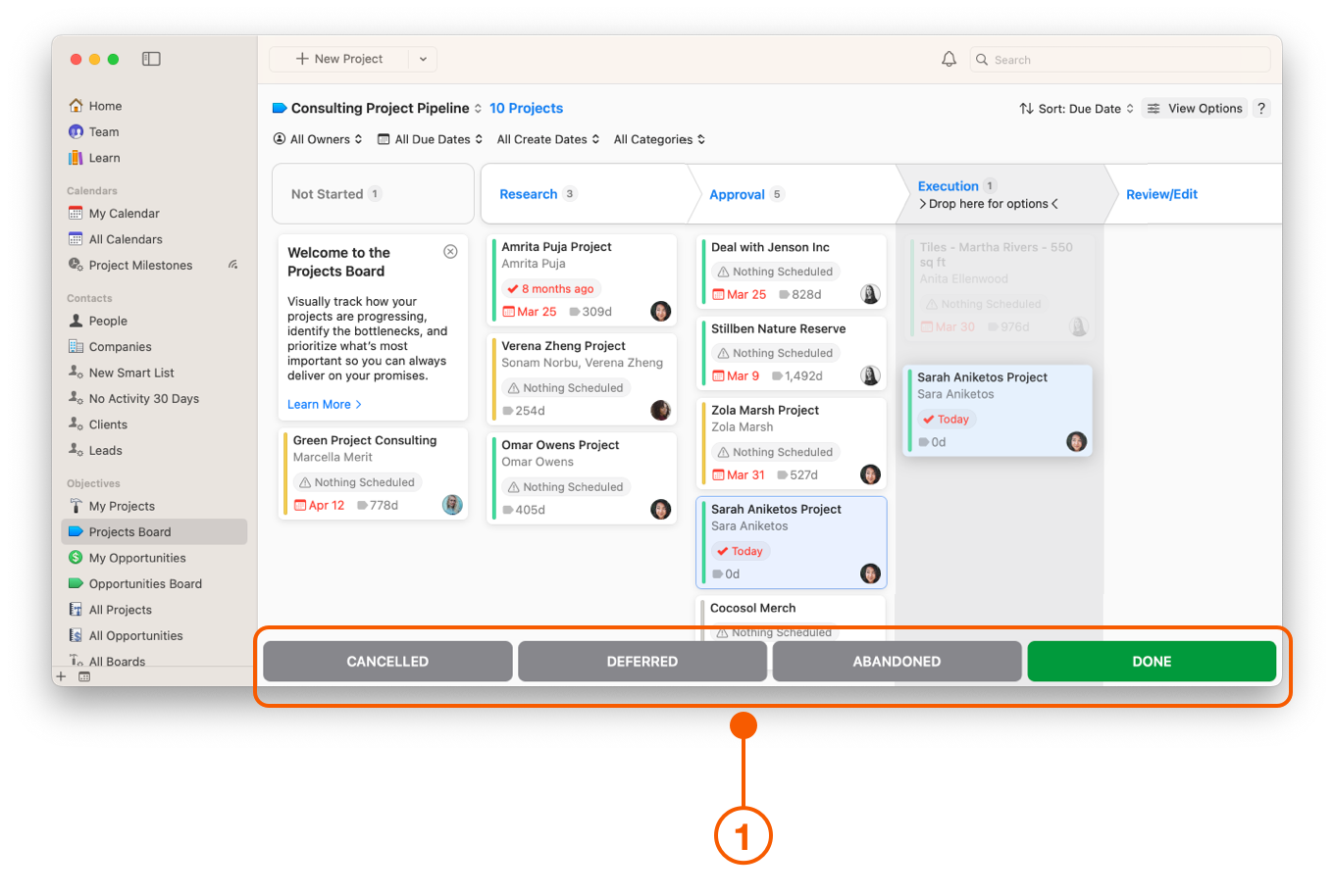 Projects Board moving opportunity to different statuses