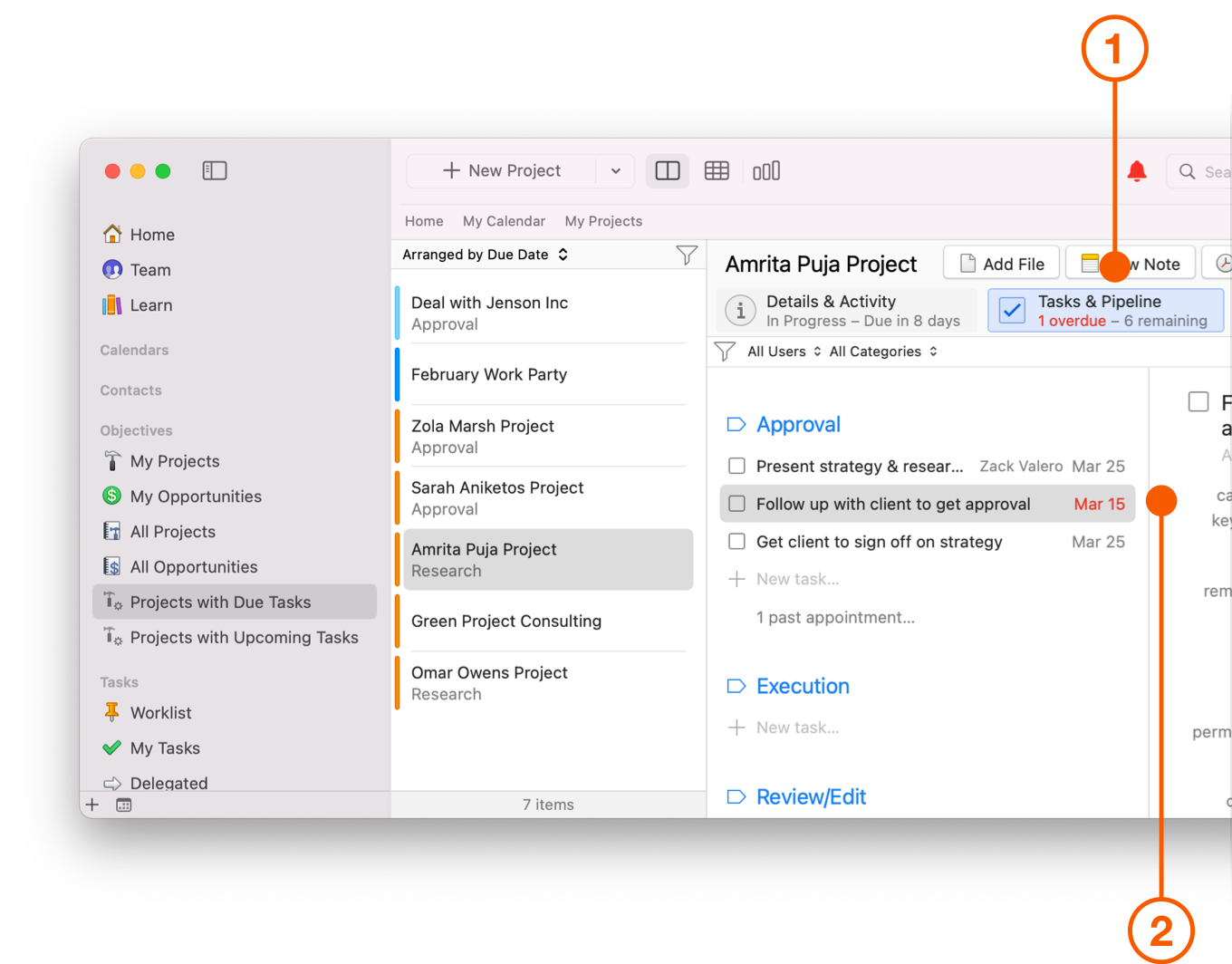 Tasks and Pipeline View showing Tasks and Due Dates