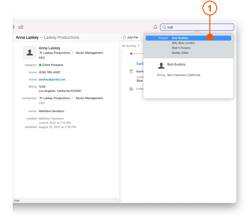 Quick Search showing matching contacts
